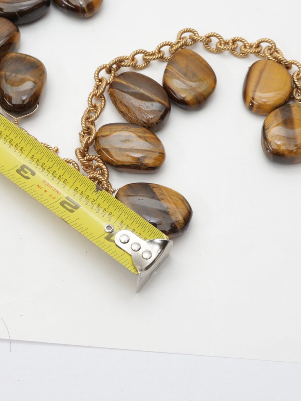 Vintage long genuine tiger's eye natural stone necklace on gold tone chain heavy - Picture 8 of 9